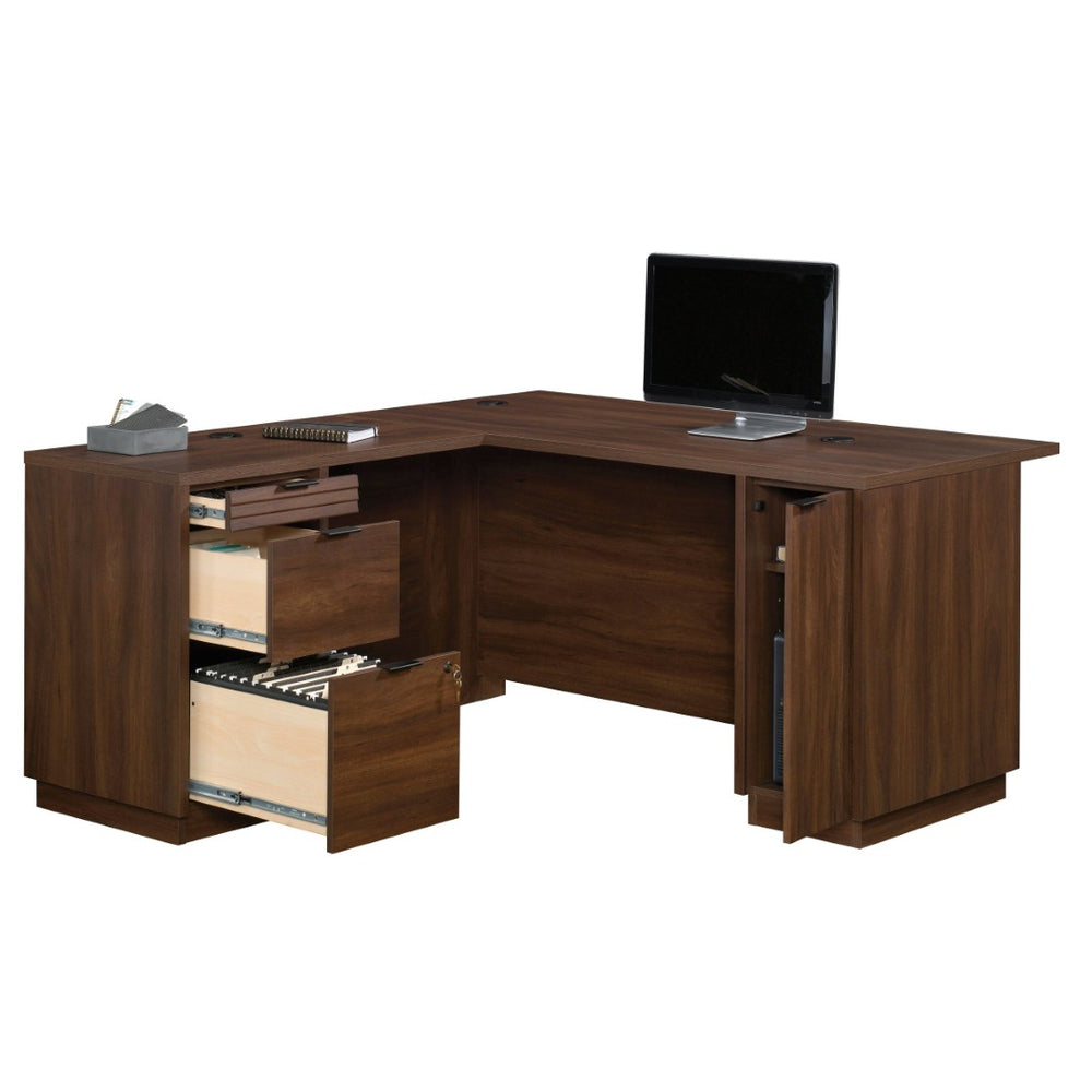 English Elm L-Shaped Corner Desk with Brown Melamine Surface Three Drawers and Locking File Storage B356P494509