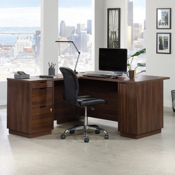 English Elm L-Shaped Corner Desk with Brown Melamine Surface Three Drawers and Locking File Storage B356P494509