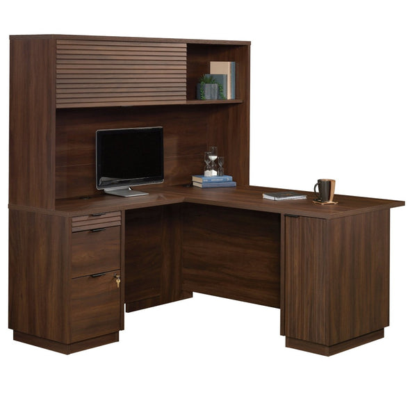 English Elm L-Shaped Corner Desk with Brown Melamine Surface Three Drawers and Locking File Storage B356P494509