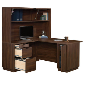 English Elm L-Shaped Corner Desk with Brown Melamine Surface Three Drawers and Locking File Storage B356P494509