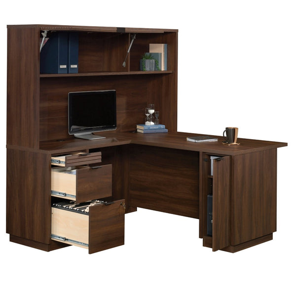 English Elm L-Shaped Corner Desk with Brown Melamine Surface Three Drawers and Locking File Storage B356P494509