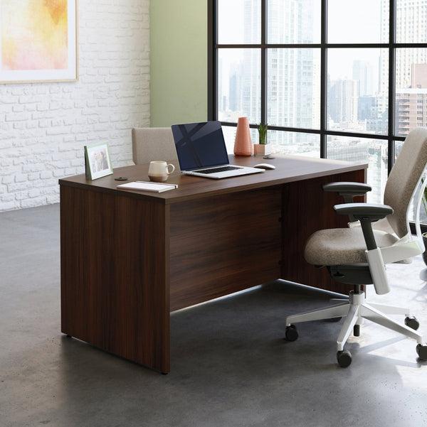 English Elm Bowfront Executive Desk with Cable Management Melamine Top for Modern Home Office Brown - A B356P494512