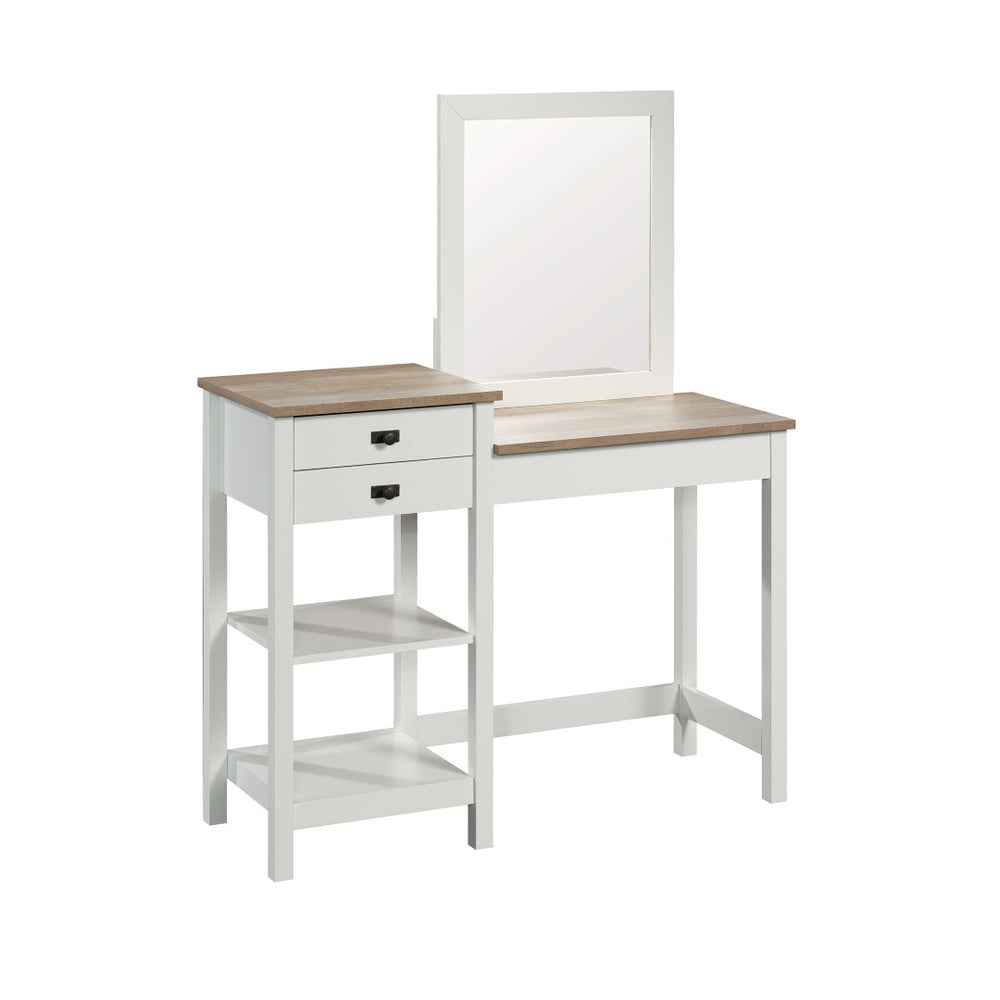 English Elm Vanity, White Dressing Table with Mirror Two Drawers Open Shelves Modern Bedroom B356P494518