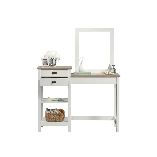 English Elm Vanity, White Dressing Table with Mirror Two Drawers Open Shelves Modern Bedroom B356P494518