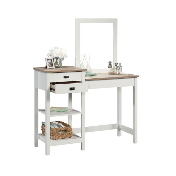 English Elm Vanity, White Dressing Table with Mirror Two Drawers Open Shelves Modern Bedroom B356P494518
