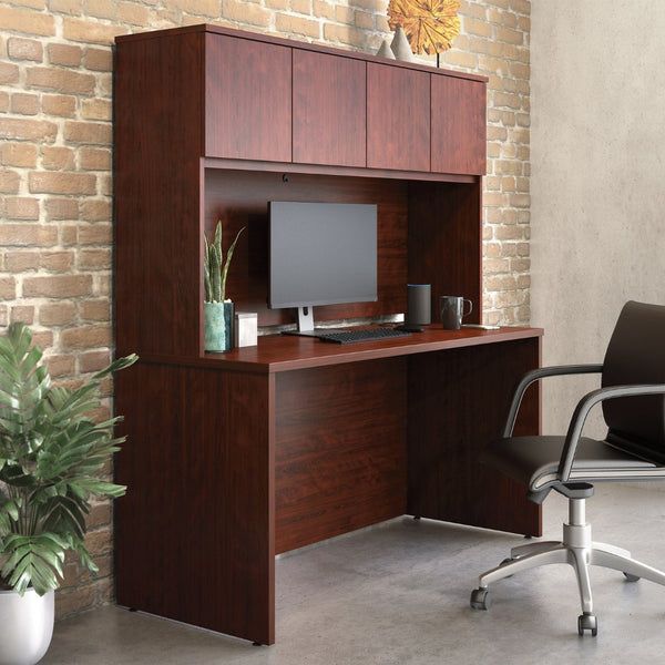 English Elm 60 Inch Home Office Desk with Hutch Warm Brown Melamine Surface and Concealed Storage Red B356P494527