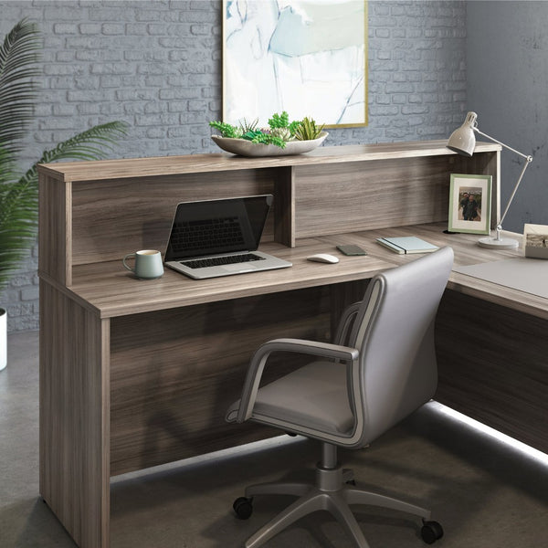 English Elm Reception Hutch Wide Open Shelf Display Unit with Warm Brown Melamine Finish B356P494531