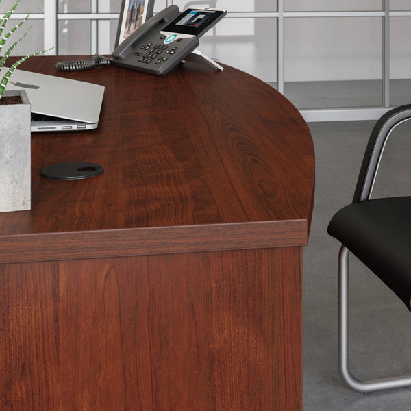 English Elm 60 Inch Bowfront Executive L-Desk with Curved Work Surface and Rich Red Finish B356P494532