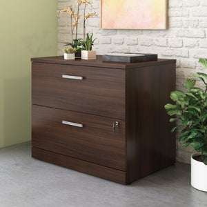 English Elm Desk and Lateral File Set Brown Finish Dual Monitor Home Office Bundle B356P494539