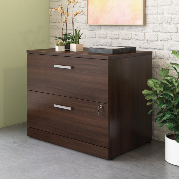 English Elm Desk and Lateral File Set Brown Finish Dual Monitor Home Office Bundle B356P494539