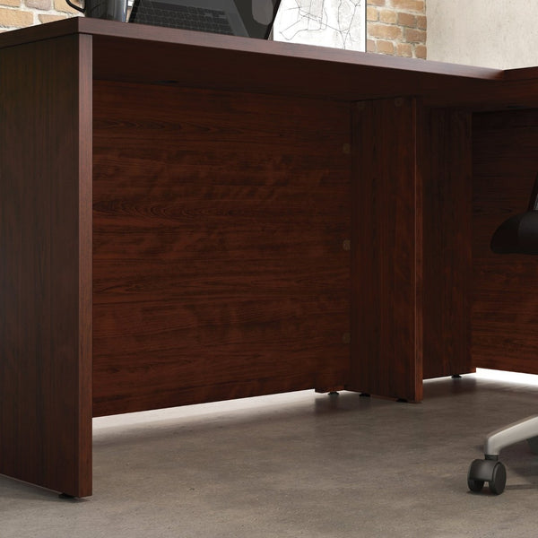 English Elm 60 Inch L-Shaped Home Office Desk with Wraparound Surface and Cord Management Grommets B356P494541