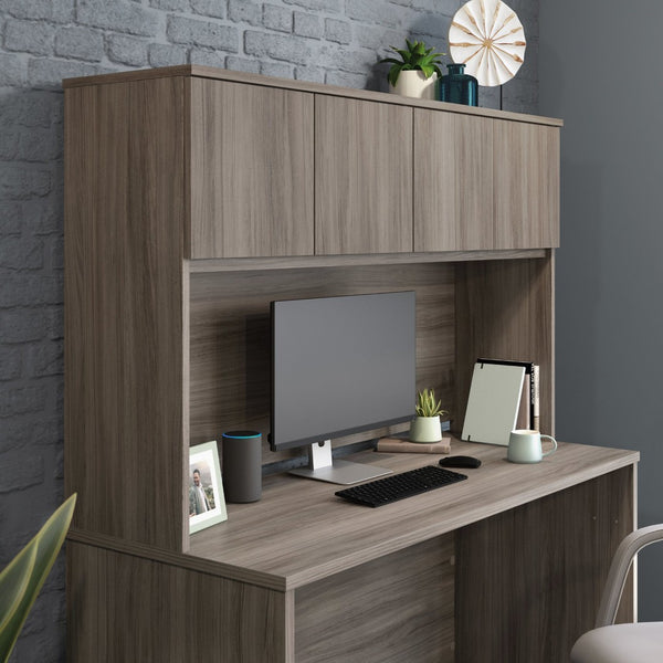 English Elm Hutch, Brown Finish Wall Mounted Office Storage with Cable Management and Monitor Bay B356P494548