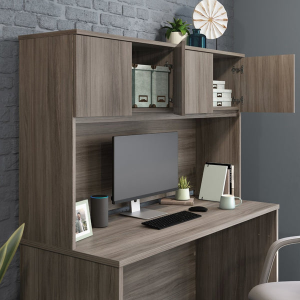 English Elm Hutch, Brown Finish Wall Mounted Office Storage with Cable Management and Monitor Bay B356P494548