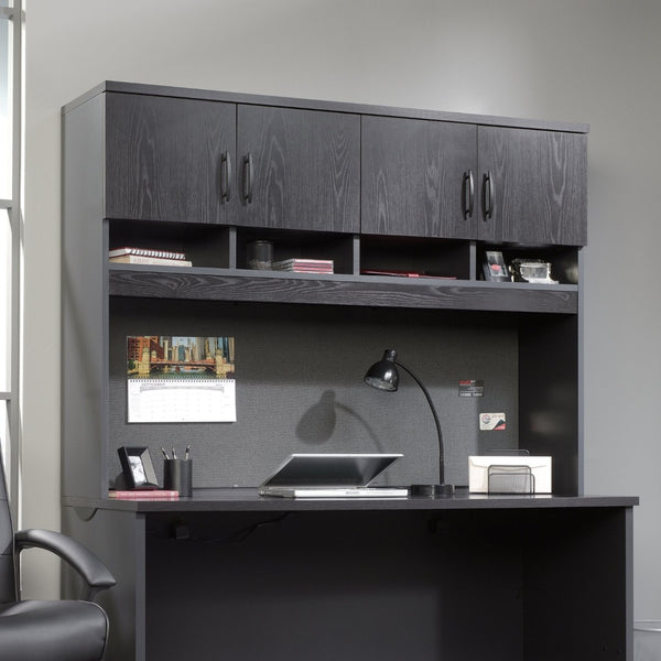 English Elm Hutch, Wall Mounted Cabinet with Bulletin Board Open Cubbies and Hidden Storage in Black B356P494549
