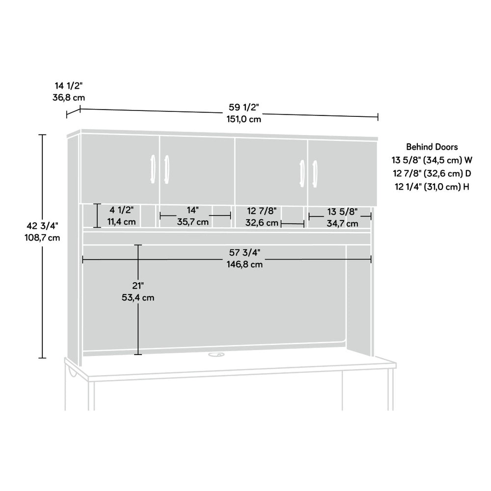 English Elm Hutch, Wall Mounted Cabinet with Bulletin Board Open Cubbies and Hidden Storage in Black B356P494549
