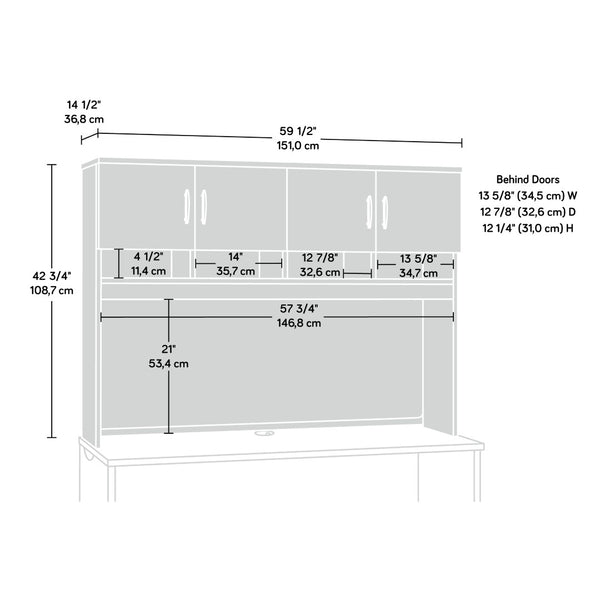 English Elm Hutch, Wall Mounted Cabinet with Bulletin Board Open Cubbies and Hidden Storage in Black B356P494549