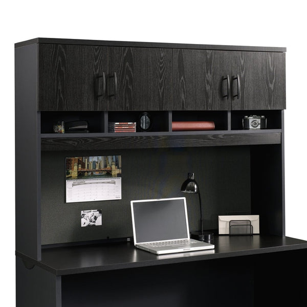 English Elm Hutch, Wall Mounted Cabinet with Bulletin Board Open Cubbies and Hidden Storage in Black B356P494549