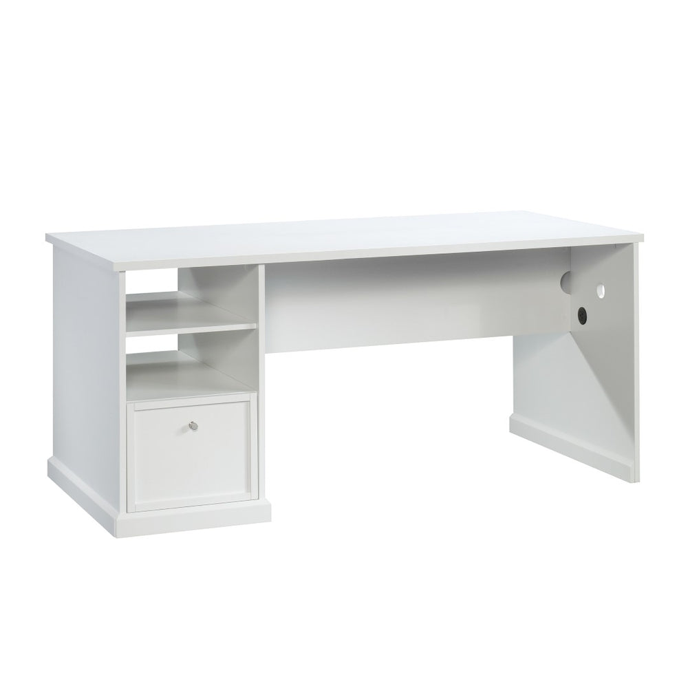 English Elm Craft Table with Built-in Power Outlet Open Shelf and Melamine Work Surface White B356P494617