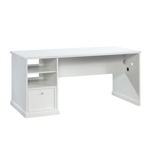 English Elm Craft Table with Built-in Power Outlet Open Shelf and Melamine Work Surface White B356P494617