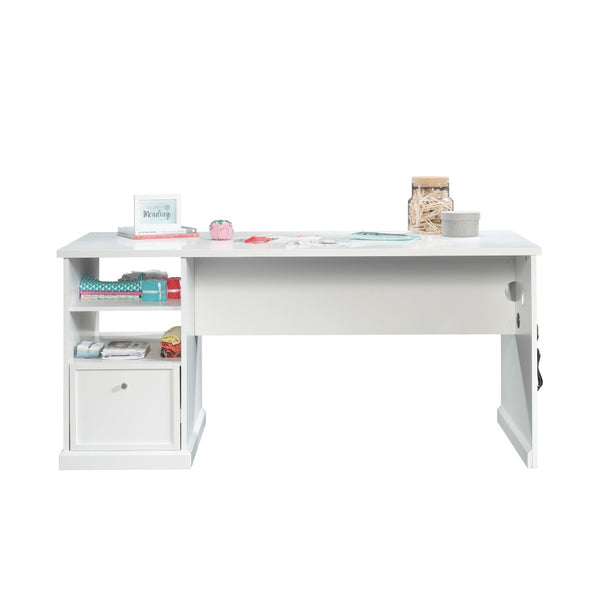 English Elm Craft Table with Built-in Power Outlet Open Shelf and Melamine Work Surface White B356P494617