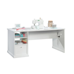 English Elm Craft Table with Built-in Power Outlet Open Shelf and Melamine Work Surface White B356P494617