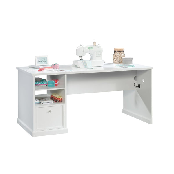 English Elm Craft Table with Built-in Power Outlet Open Shelf and Melamine Work Surface White B356P494617