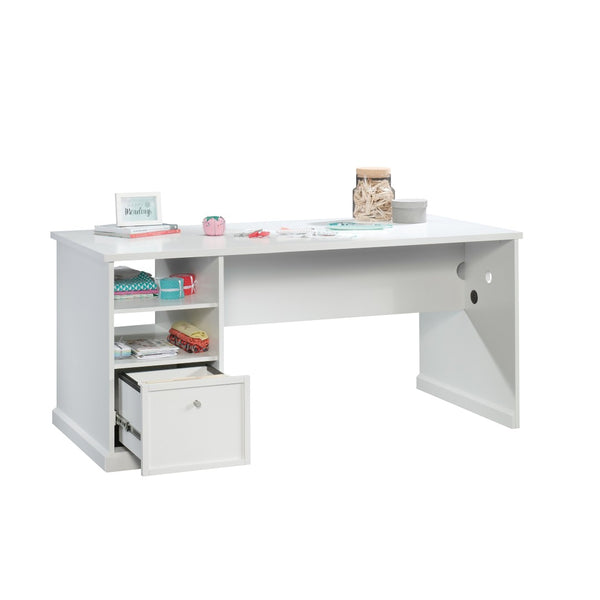 English Elm Craft Table with Built-in Power Outlet Open Shelf and Melamine Work Surface White B356P494617