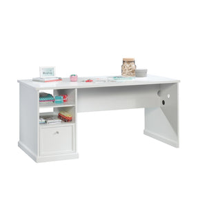 English Elm Craft Table with Built-in Power Outlet Open Shelf and Melamine Work Surface White B356P494617