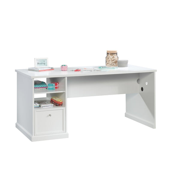 English Elm Craft Table with Built-in Power Outlet Open Shelf and Melamine Work Surface White B356P494617