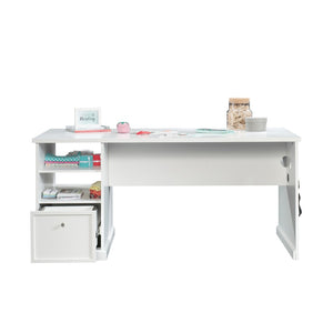 English Elm Craft Table with Built-in Power Outlet Open Shelf and Melamine Work Surface White B356P494617