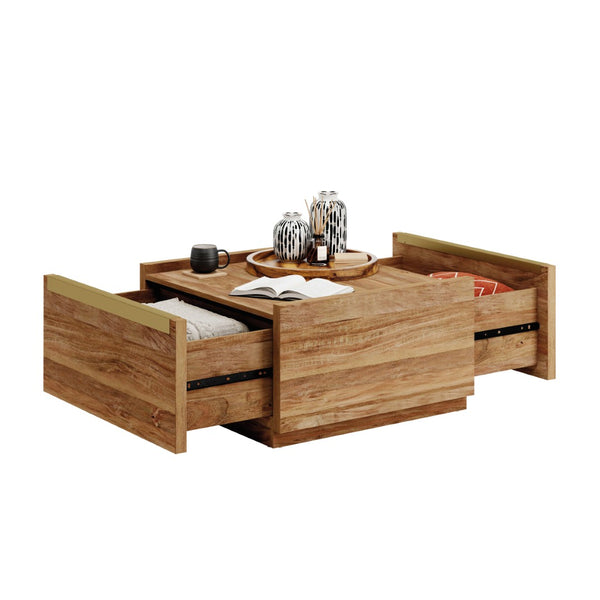 English Elm Coffee Table with Two Drawers Warm Brown Wood Tone Finish for Modern Living Rooms B356P500444