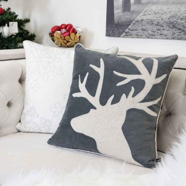English Elm Holiday Reindeer Applique Velvet Throw Pillows Wintry Silhouette Set of 4 Gray and White B357P609084