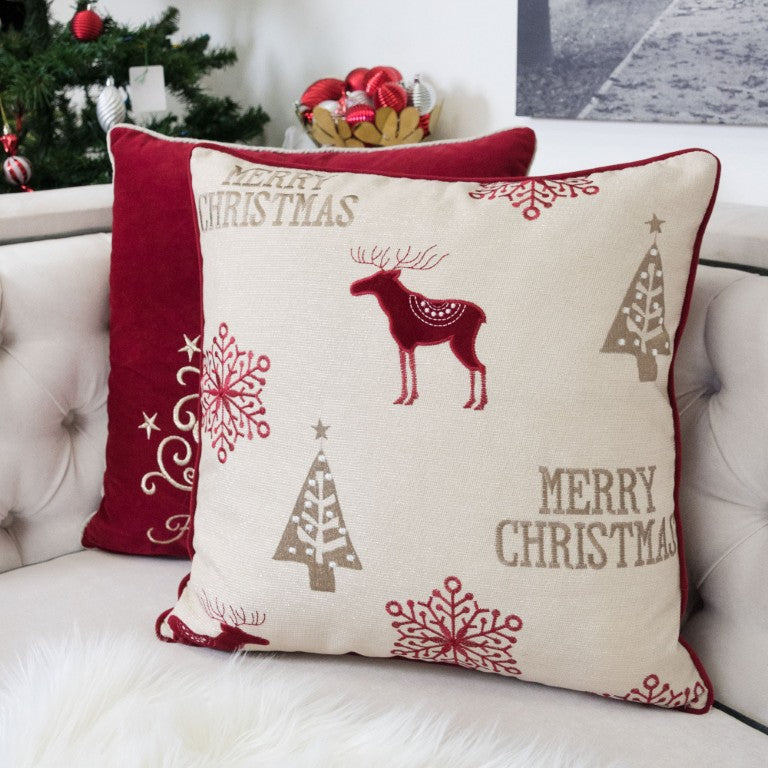 English Elm Merry Christmas Embroidered Linen Blend Throw Pillows Festive Holiday Set of 4 B357P609092
