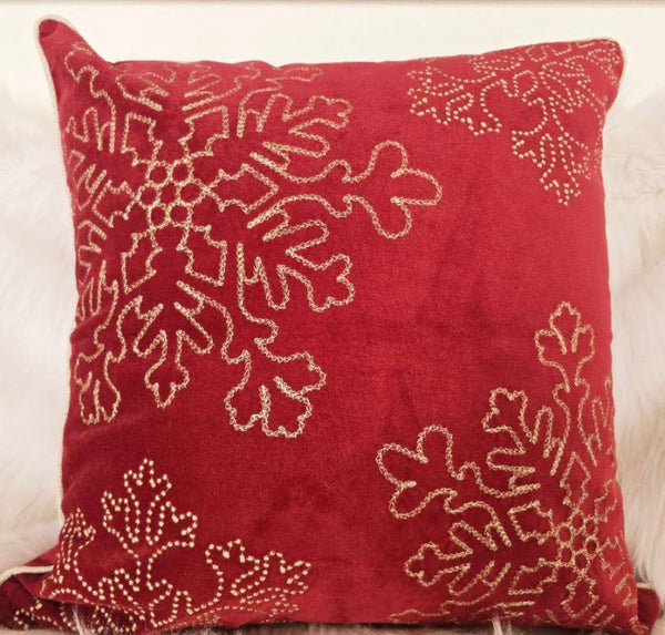 English Elm Red Velvet Snowflake Embroidered Throw Pillows Festive Holiday Set of Four 20 Inch B357P609093