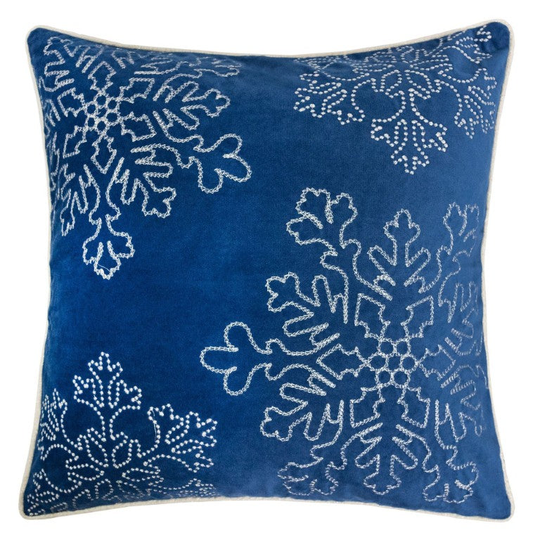 English Elm Blue Velvet Snowflake Embroidered Holiday Throw Pillows with Inserts Festive Set B357P609095