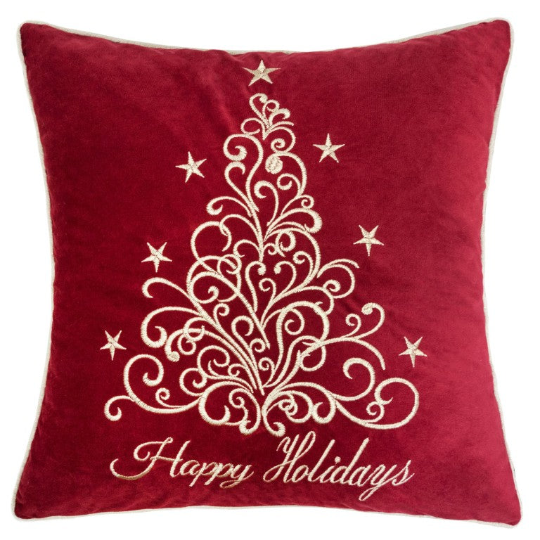 English Elm Happy Holidays Embroidered Velvet Cushion Set Festive Red Gold Script Sofa Accent B357P609097
