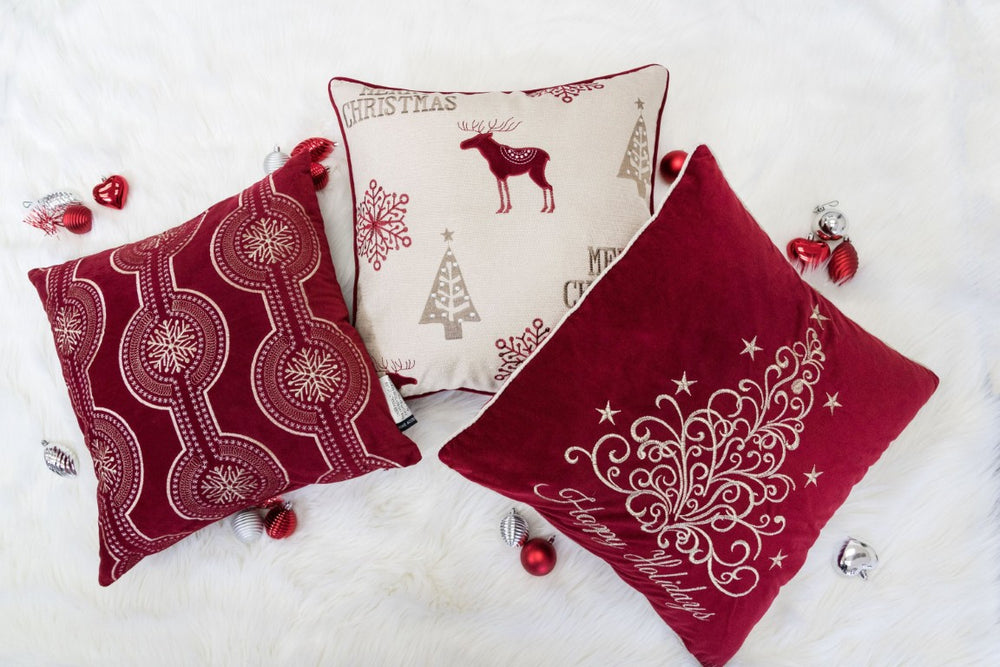English Elm Happy Holidays Embroidered Velvet Cushion Set Festive Red Gold Script Sofa Accent B357P609097