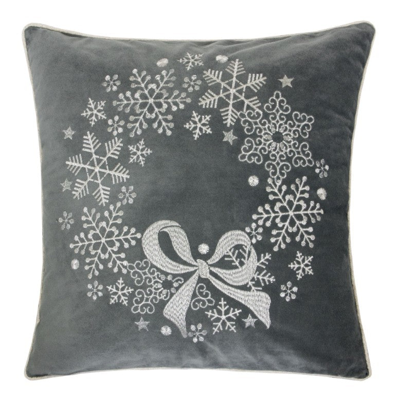 English Elm Gray Velvet Winter Throw Pillows with Embroidered Frost Detail Set of 4 Inserts Snowflake Wreath Embroidery B357P609098