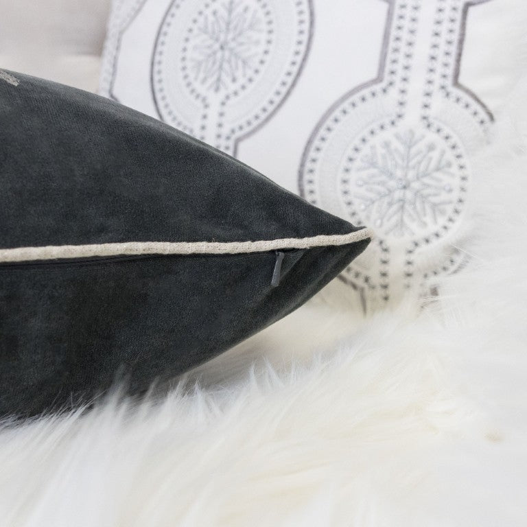 English Elm Gray Velvet Winter Throw Pillows with Embroidered Frost Detail Set of 4 Inserts Snowflake Wreath Embroidery B357P609098