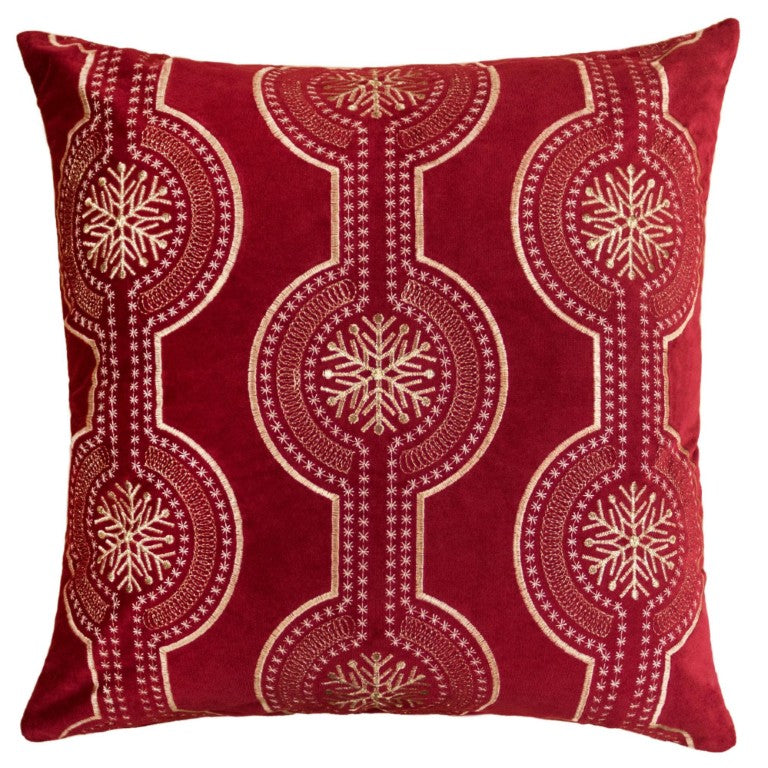 English Elm Red Velvet Holiday Throw Pillows with Golden Snowflake Embroidery Festive Set of 4 B357P609103