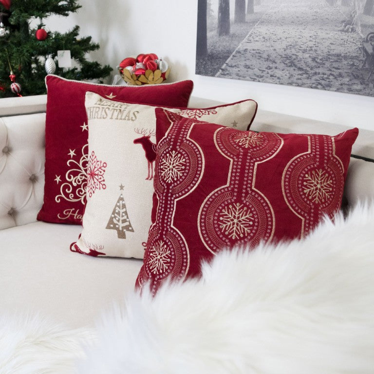 English Elm Red Velvet Holiday Throw Pillows with Golden Snowflake Embroidery Festive Set of 4 B357P609103