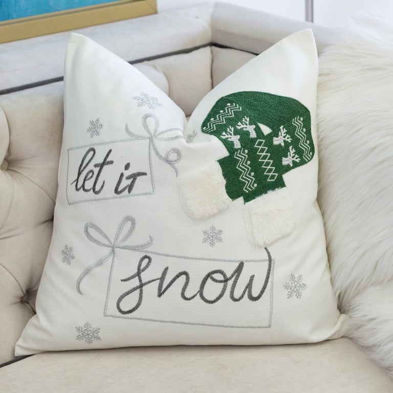 English Elm Let It Snow Embroidered Cotton Throw Pillow Set of 4 with 3D Holiday Hat Applique Green B357P609251