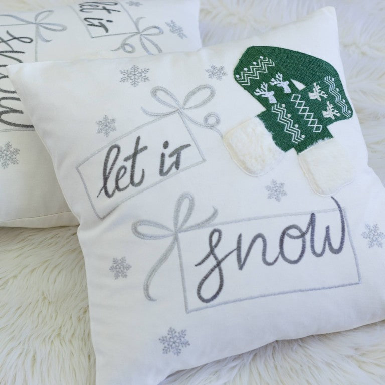 English Elm Let It Snow Embroidered Cotton Throw Pillow Set of 4 with 3D Holiday Hat Applique Green B357P609251