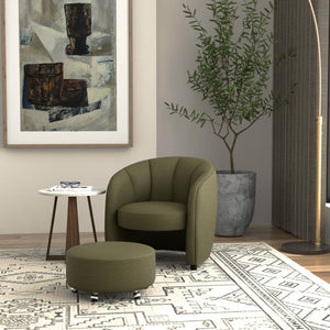 English Elm Mid-century Barrel Accent Chair with Channel Tufting and Nesting Ottoman for Living Rooms B361P535606