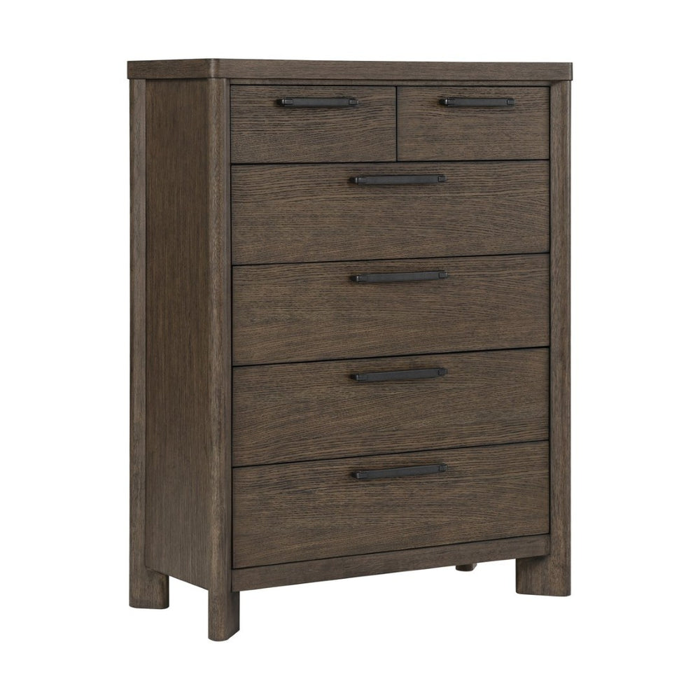 English Elm Dark Oak Six Drawer Chest with Felt Lined Jewelry Storage and Matte Black Hardware B361P537287