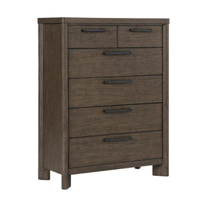 English Elm Dark Oak Six Drawer Chest with Felt Lined Jewelry Storage and Matte Black Hardware B361P537287