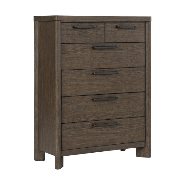 English Elm Dark Oak Six Drawer Chest with Felt Lined Jewelry Storage and Matte Black Hardware B361P537287
