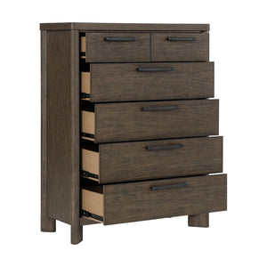 English Elm Dark Oak Six Drawer Chest with Felt Lined Jewelry Storage and Matte Black Hardware B361P537287