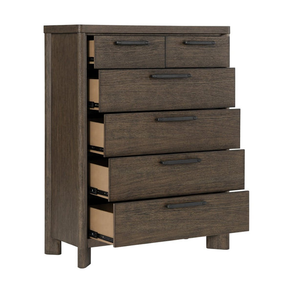 English Elm Dark Oak Six Drawer Chest with Felt Lined Jewelry Storage and Matte Black Hardware B361P537287