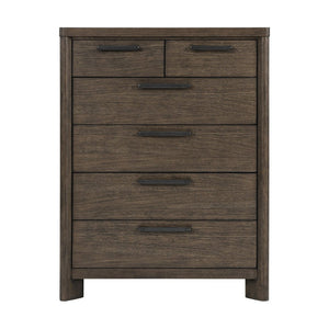 English Elm Dark Oak Six Drawer Chest with Felt Lined Jewelry Storage and Matte Black Hardware B361P537287